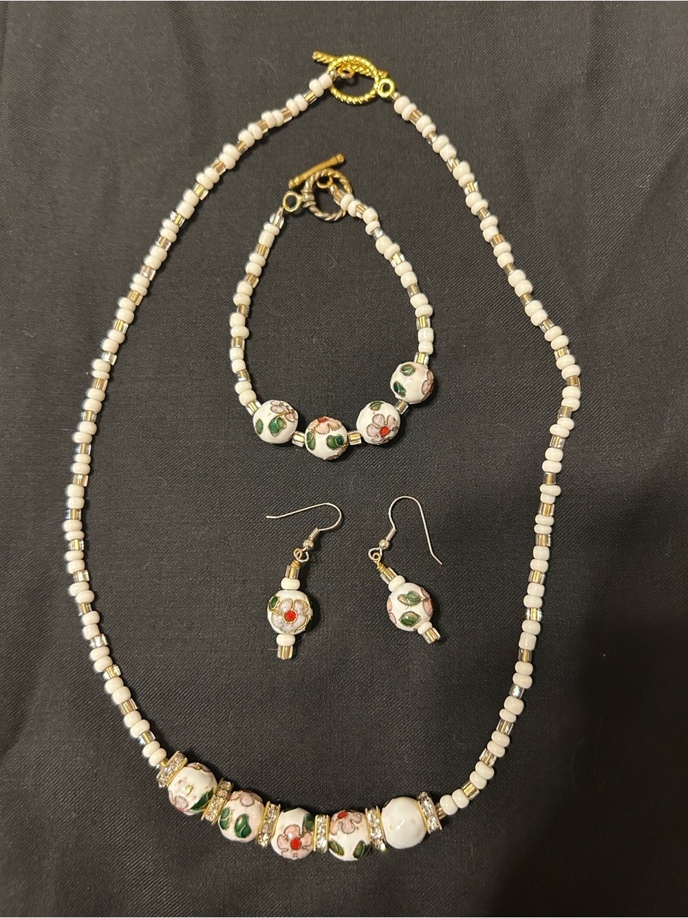 White Floral Cloisonné Bead Necklace, Bracelet & Earring Set